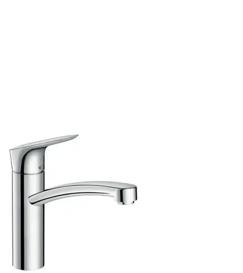 Ein Chrom-Spültischmischer von Hansgrohe mit einem schwenkbaren Auslauf und ergonomischem Design. Geeignet für die Montage in Küchen oder Waschbereichen.